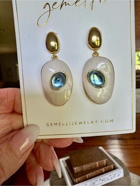 Mother of Pearl Earrings with Sky Blue Cabochon and 18K gold Plated Brass Posts